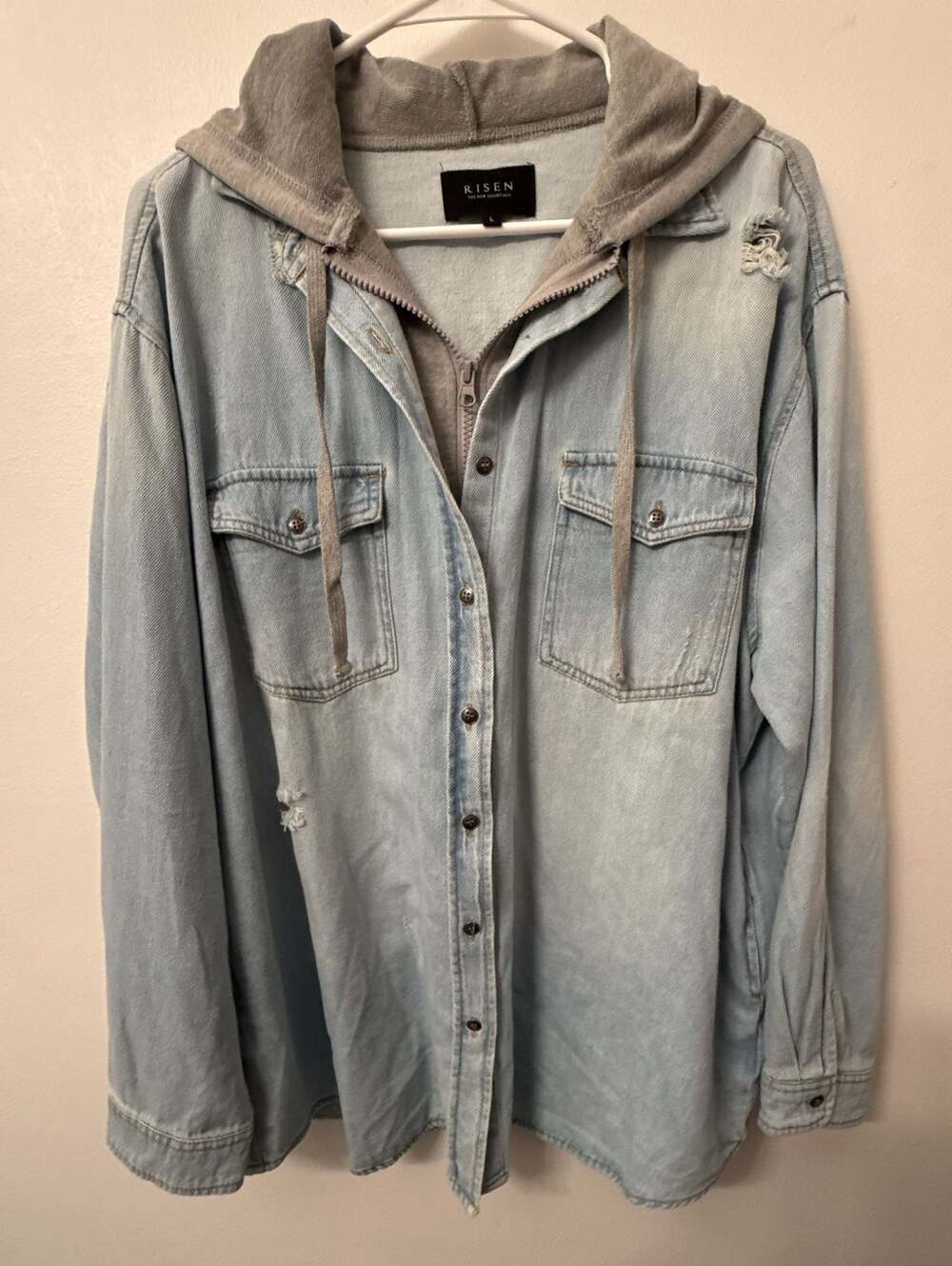 Risen The New Essentials Zip-Up Hooded Distressed Denim Shirt Jacket
